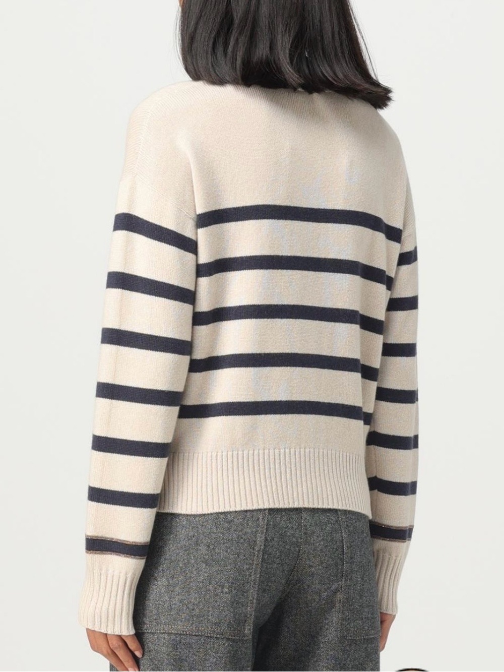 Brunello Cucinelli Beige striped cashmere sweater with monil chain - Picture 4 of 8